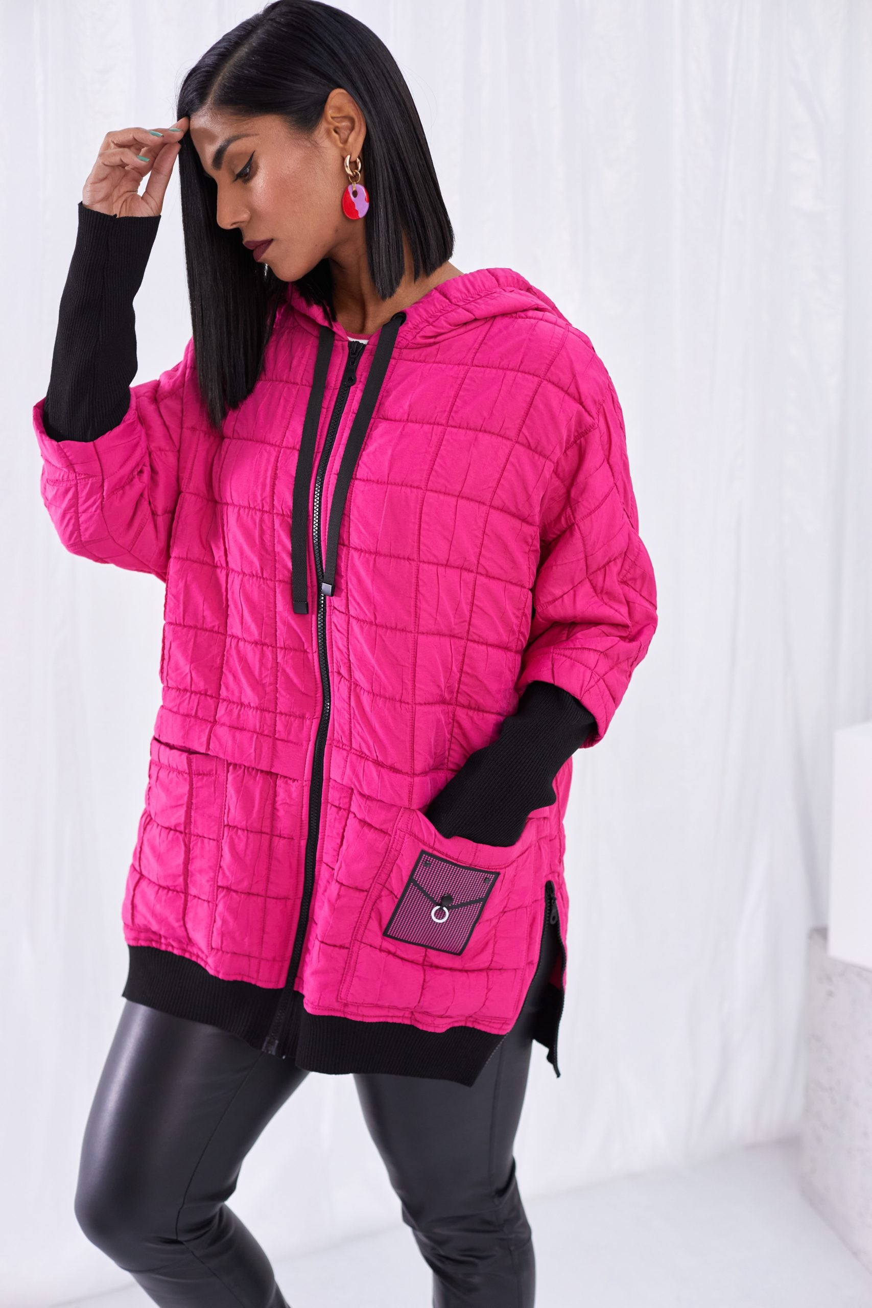 129- Ora Quilted Jacket w/ Contrast Cuff/Hem- Black & Pink