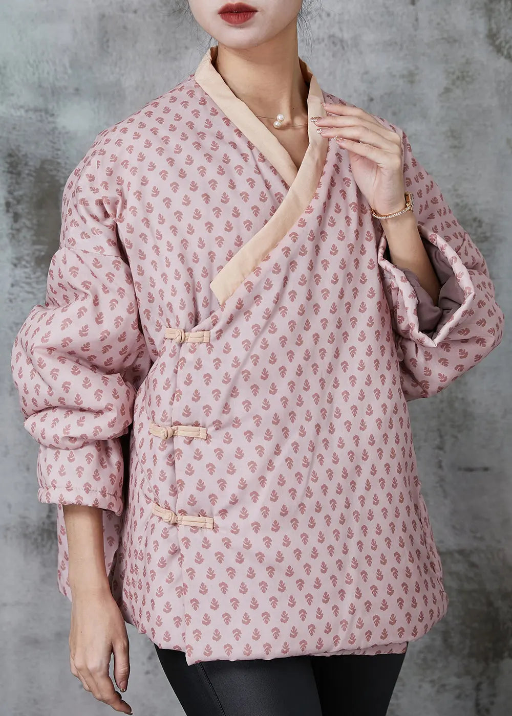 Art Pink Print Chinese Button Fine Cotton Filled Coat Spring JK1049