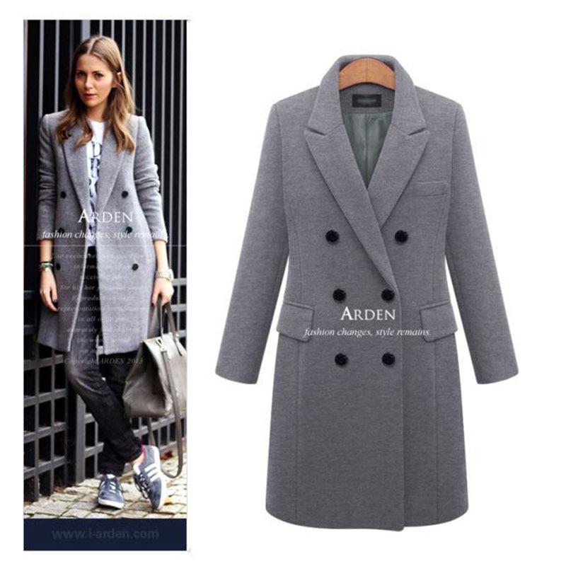 Autumn Winter Casual Wool Solid Double Breasted Long Blazers for Women