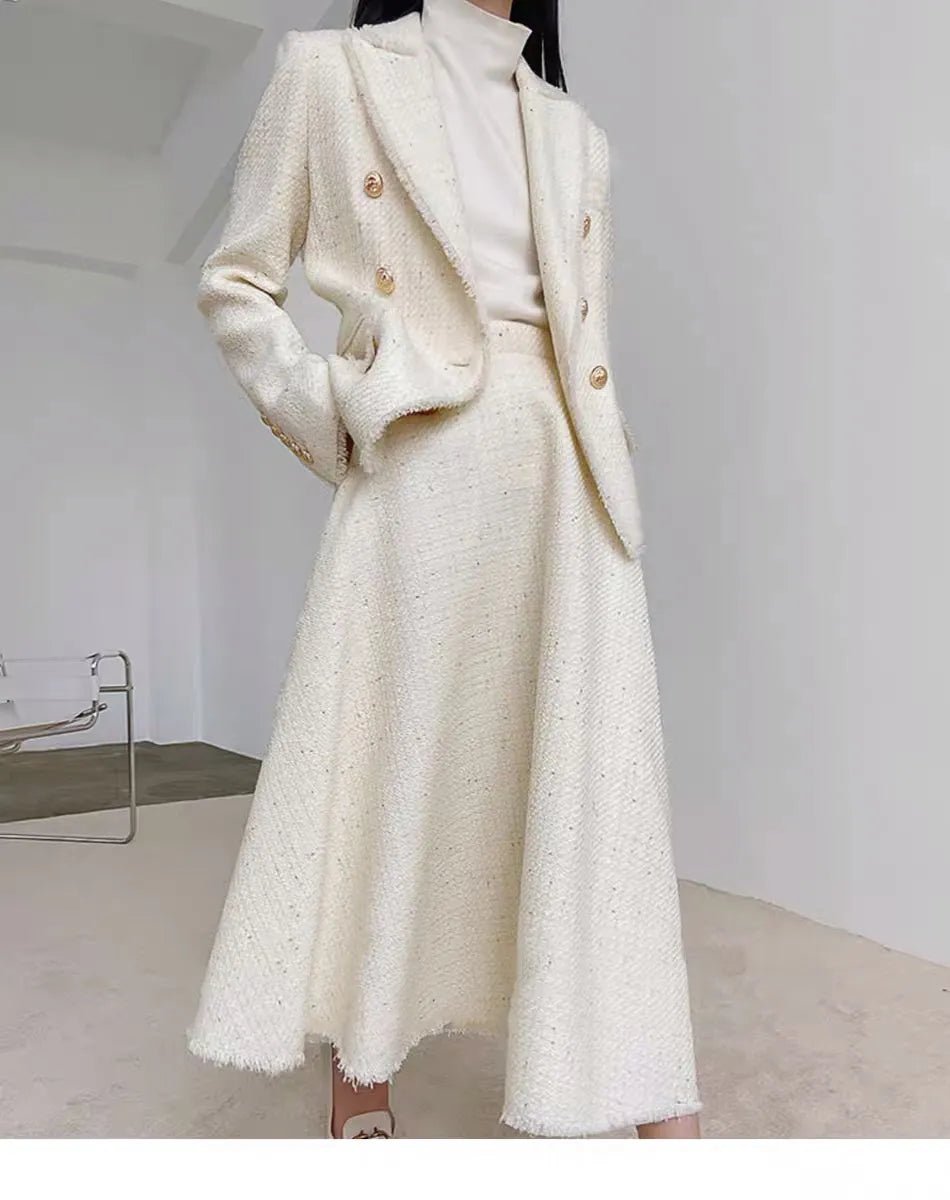 Beige Jacket + Skirt Set - Elegant Women's Autumn/Winter 2-Piece Suit