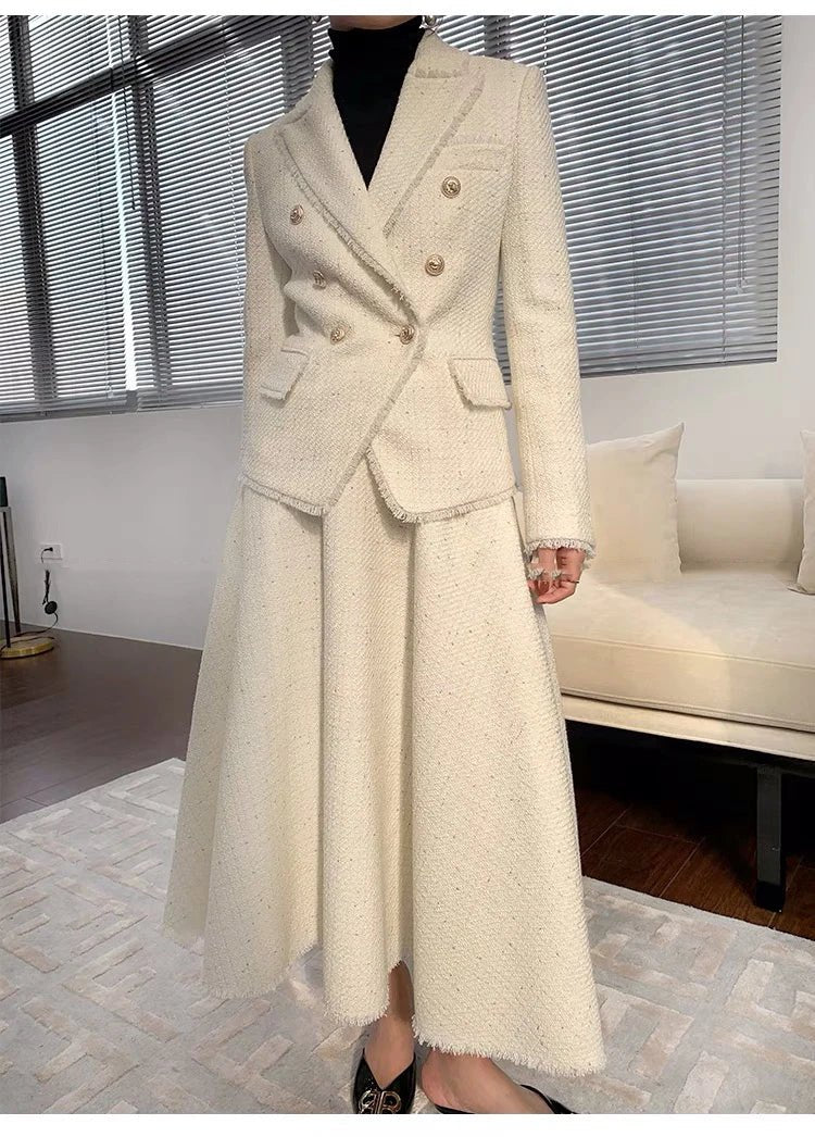 Beige Jacket + Skirt Set - Elegant Women's Autumn/Winter 2-Piece Suit