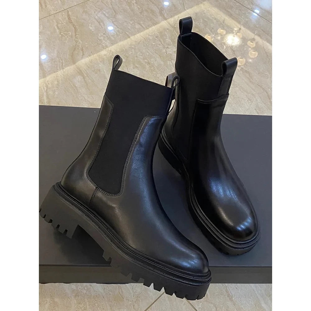 Black Genuine Leather Flat Heel Ankle High Boots for Women