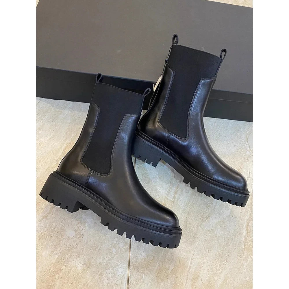 Black Genuine Leather Flat Heel Ankle High Boots for Women