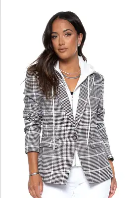 Blue Revival - Hooded Helen Blazer Houndstooth & White