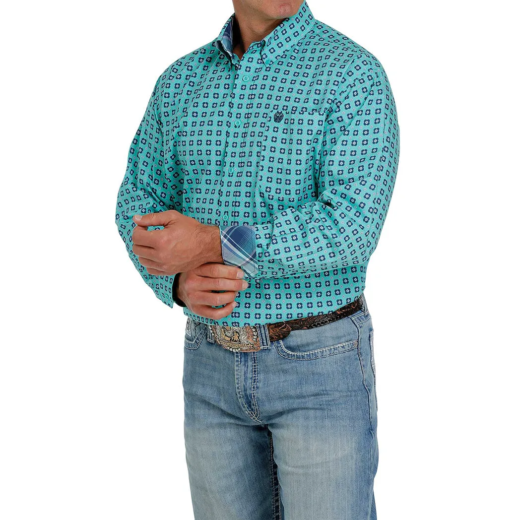 Cinch Men's Turquoise Square Flower Long Sleeve