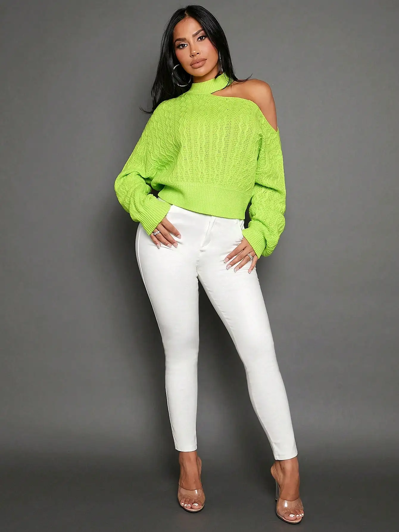 Cut Out Shoulder Cable Knit Sweater