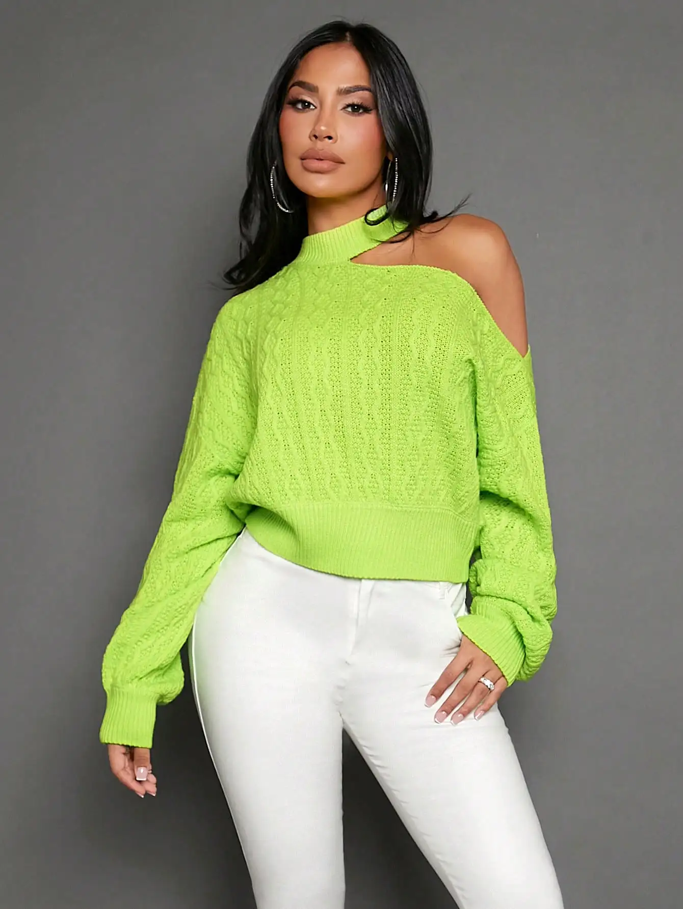 Cut Out Shoulder Cable Knit Sweater