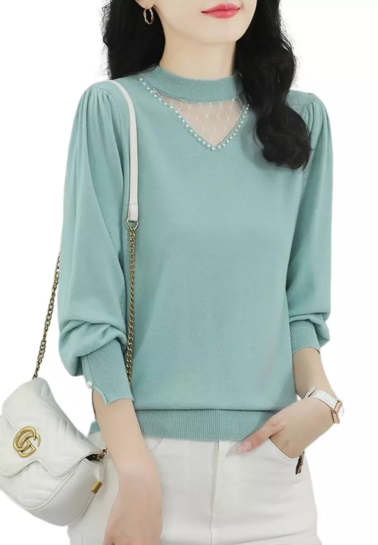 Elegant Beaded Crew Neck Sweater