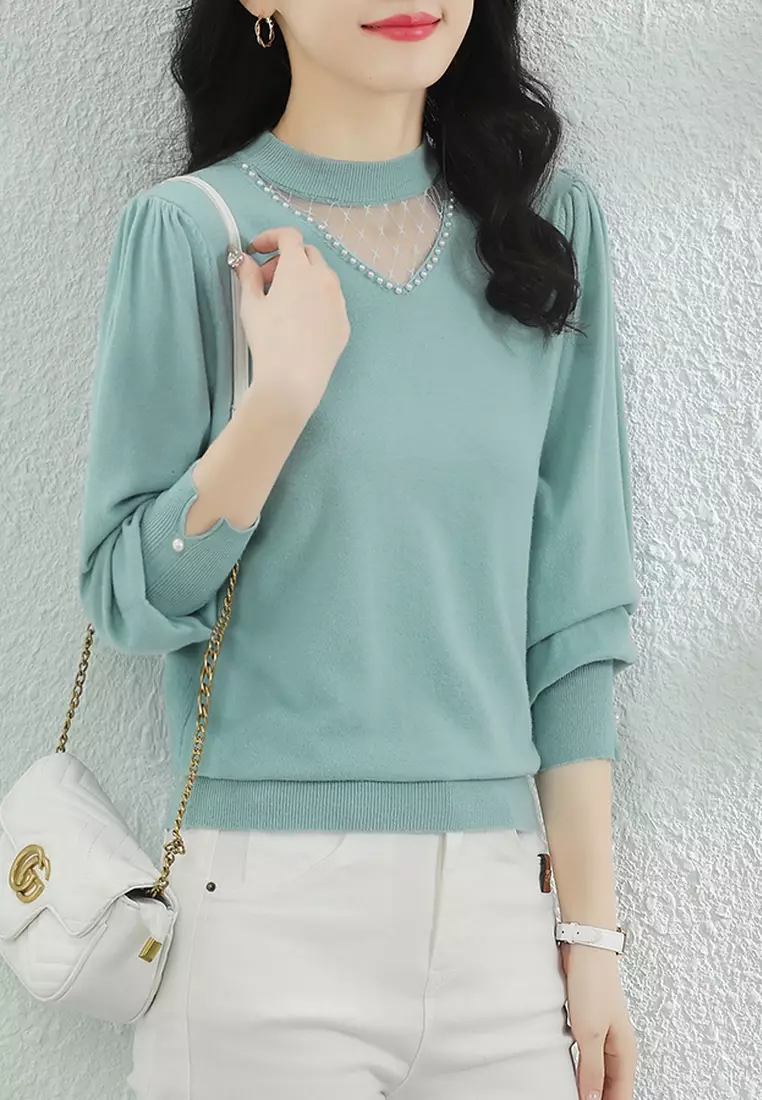 Elegant Beaded Crew Neck Sweater