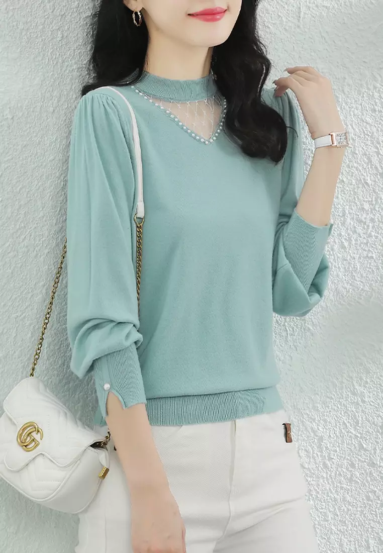 Elegant Beaded Crew Neck Sweater