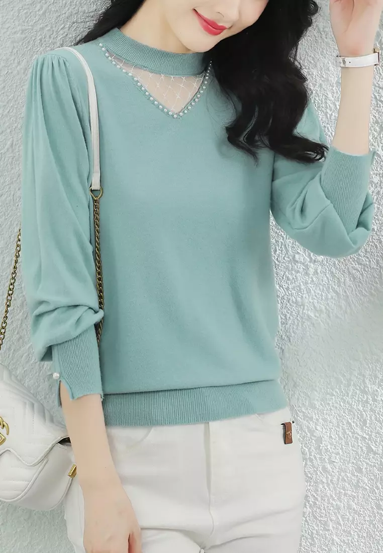 Elegant Beaded Crew Neck Sweater