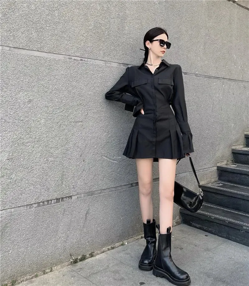 Elegant Vintage Long Sleeve Gothic Pleated Dress