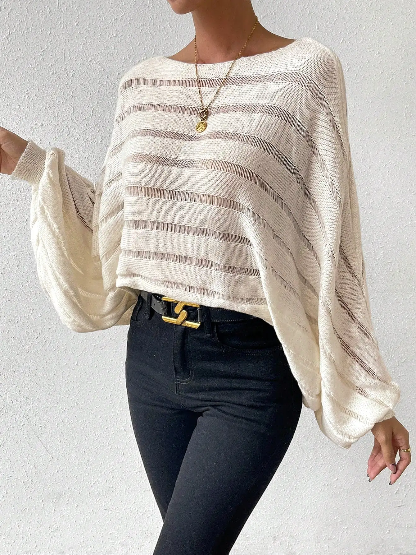 Flare Sleeve Pointelle Knit Sweater