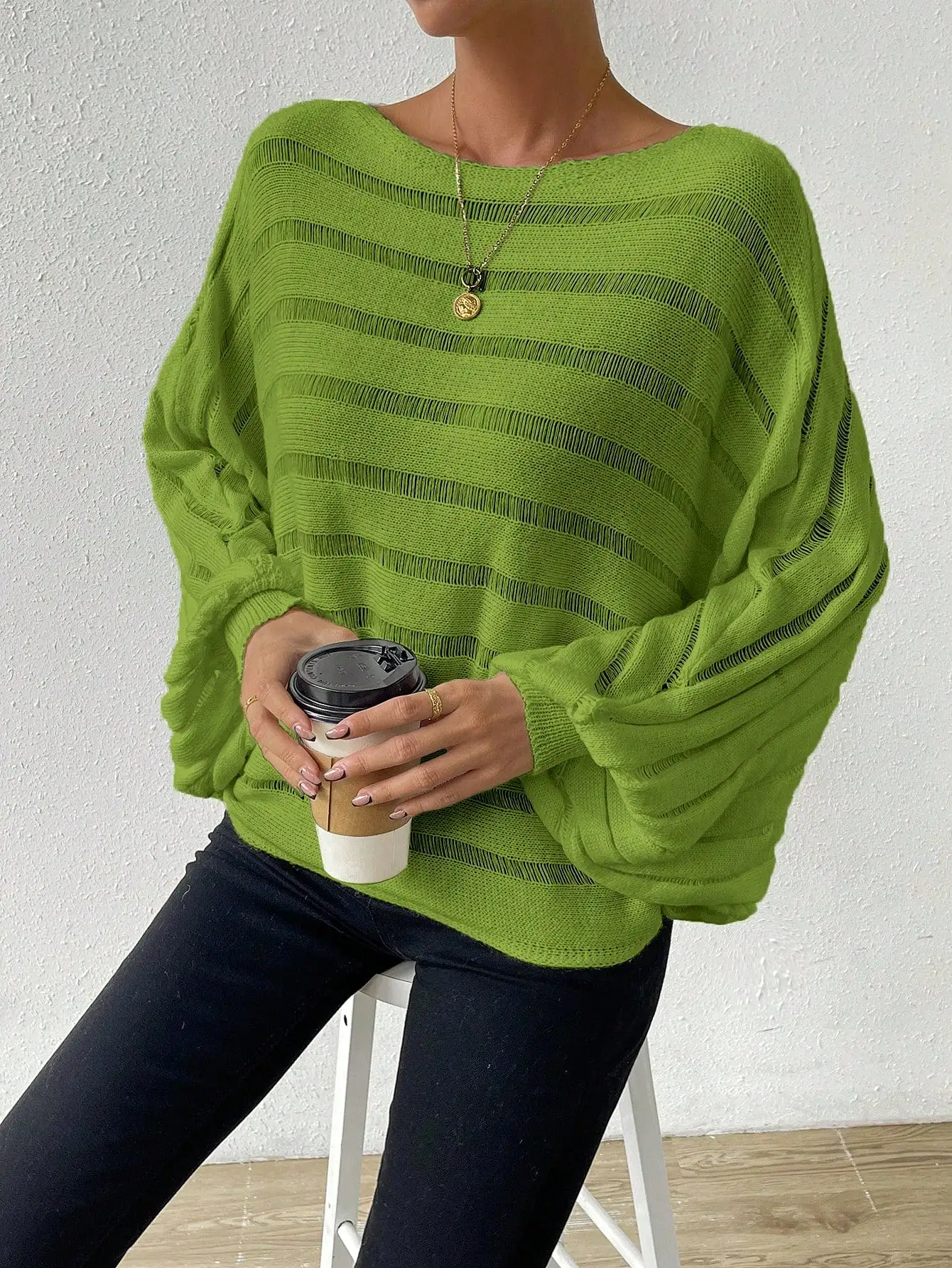 Flare Sleeve Pointelle Knit Sweater