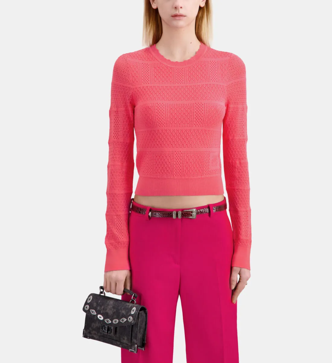 Fuchsia openwork knit sweater