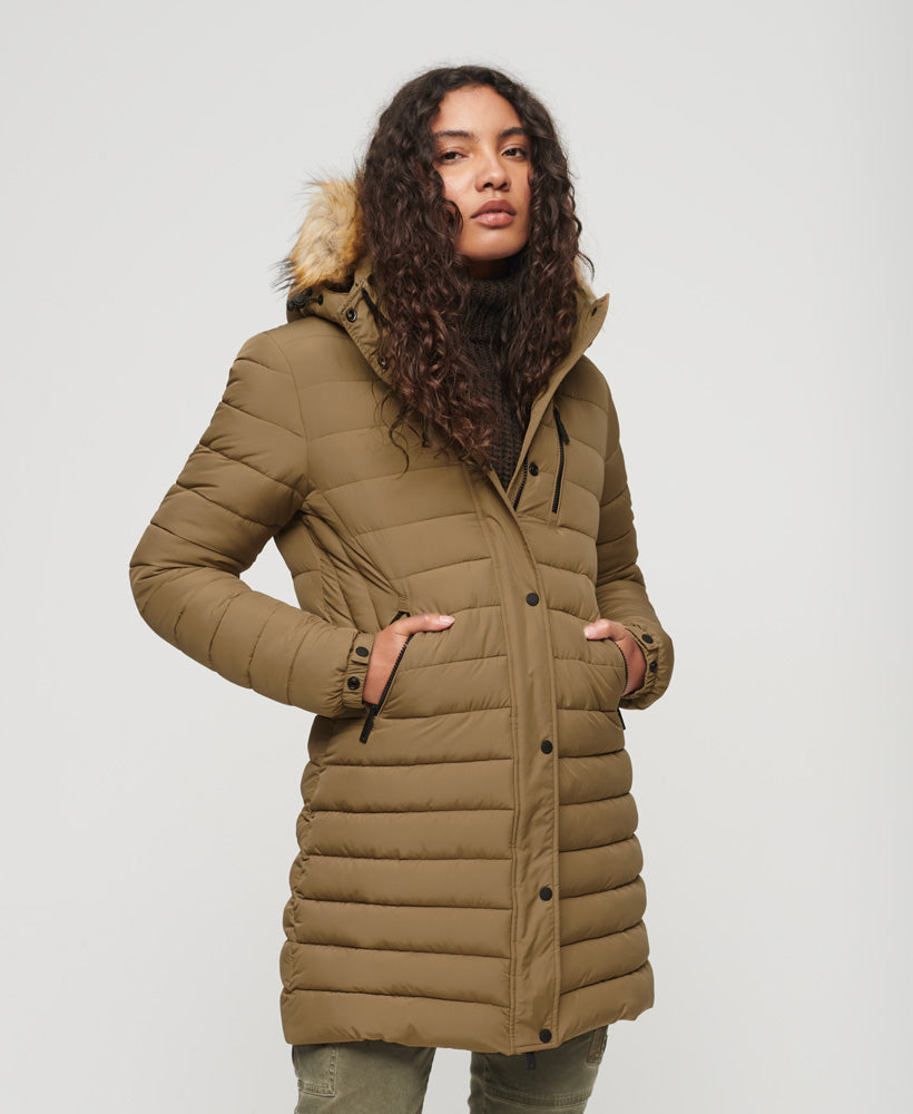 Fuji Hooded Mid Length Puffer Coat | Sandstone Brown