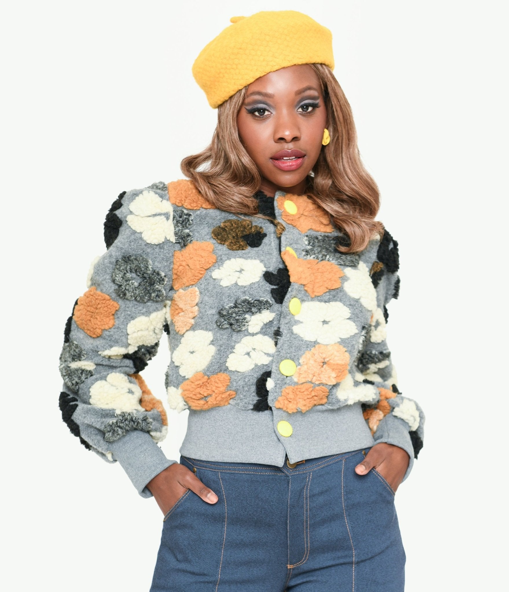 Grey & Multicolor Fluffy Floral Jacket