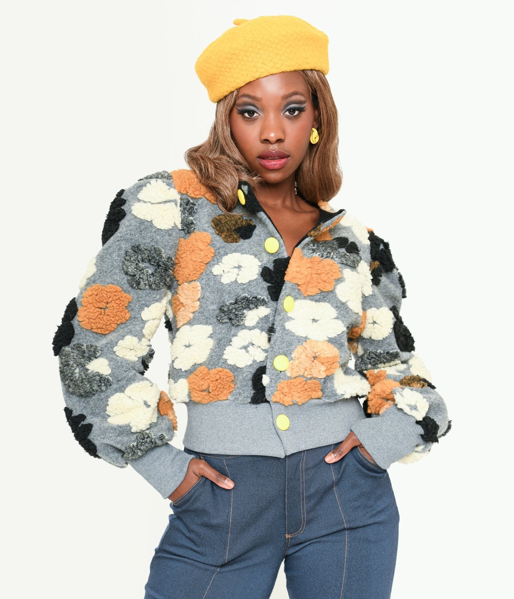 Grey & Multicolor Fluffy Floral Jacket