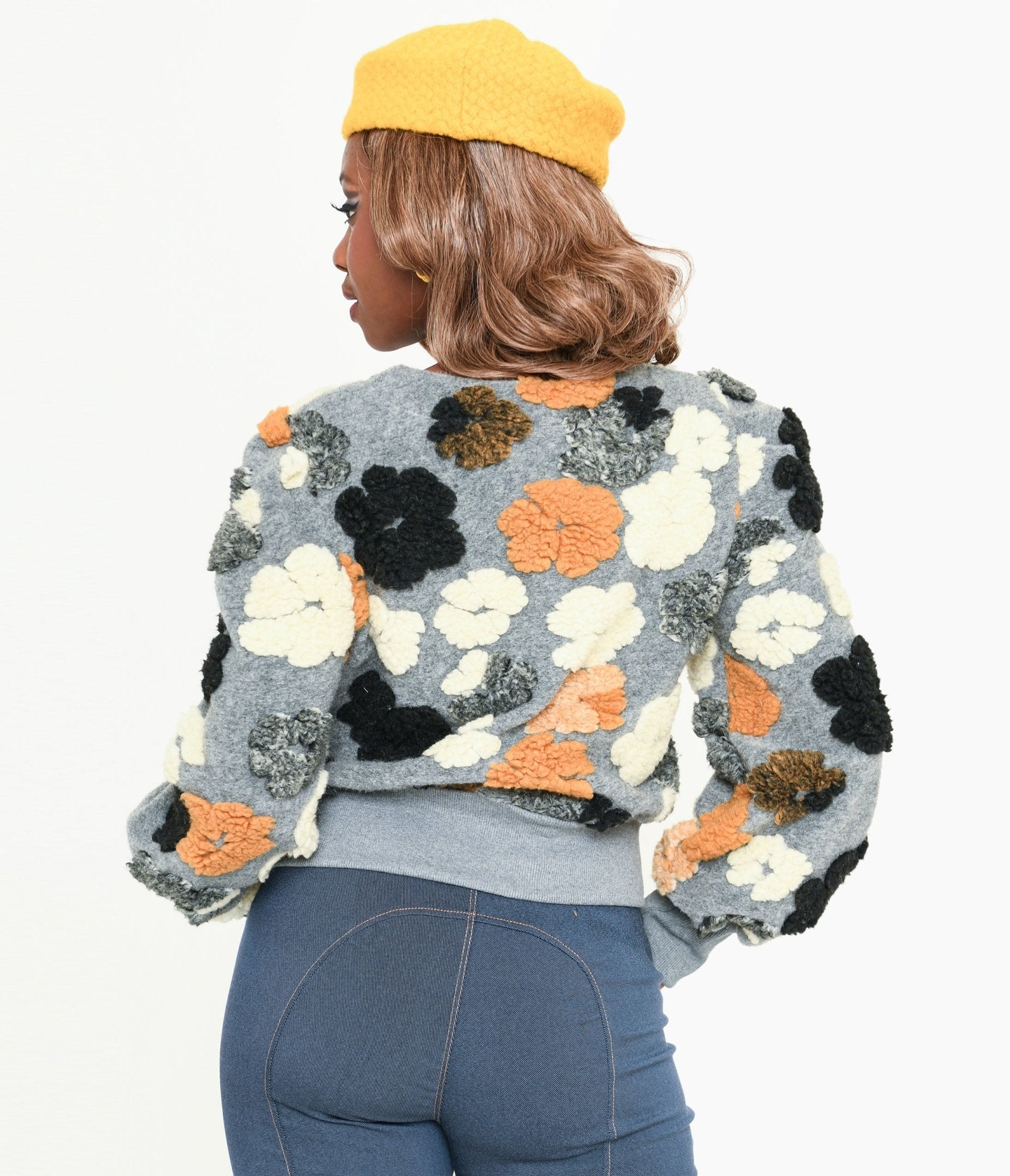 Grey & Multicolor Fluffy Floral Jacket