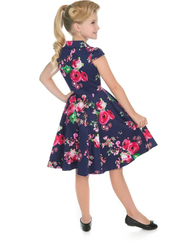 Hearts & Roses Kids Midnight Garden 50's Swing Dress Navy