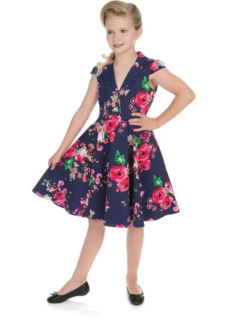 Hearts & Roses Kids Midnight Garden 50's Swing Dress Navy