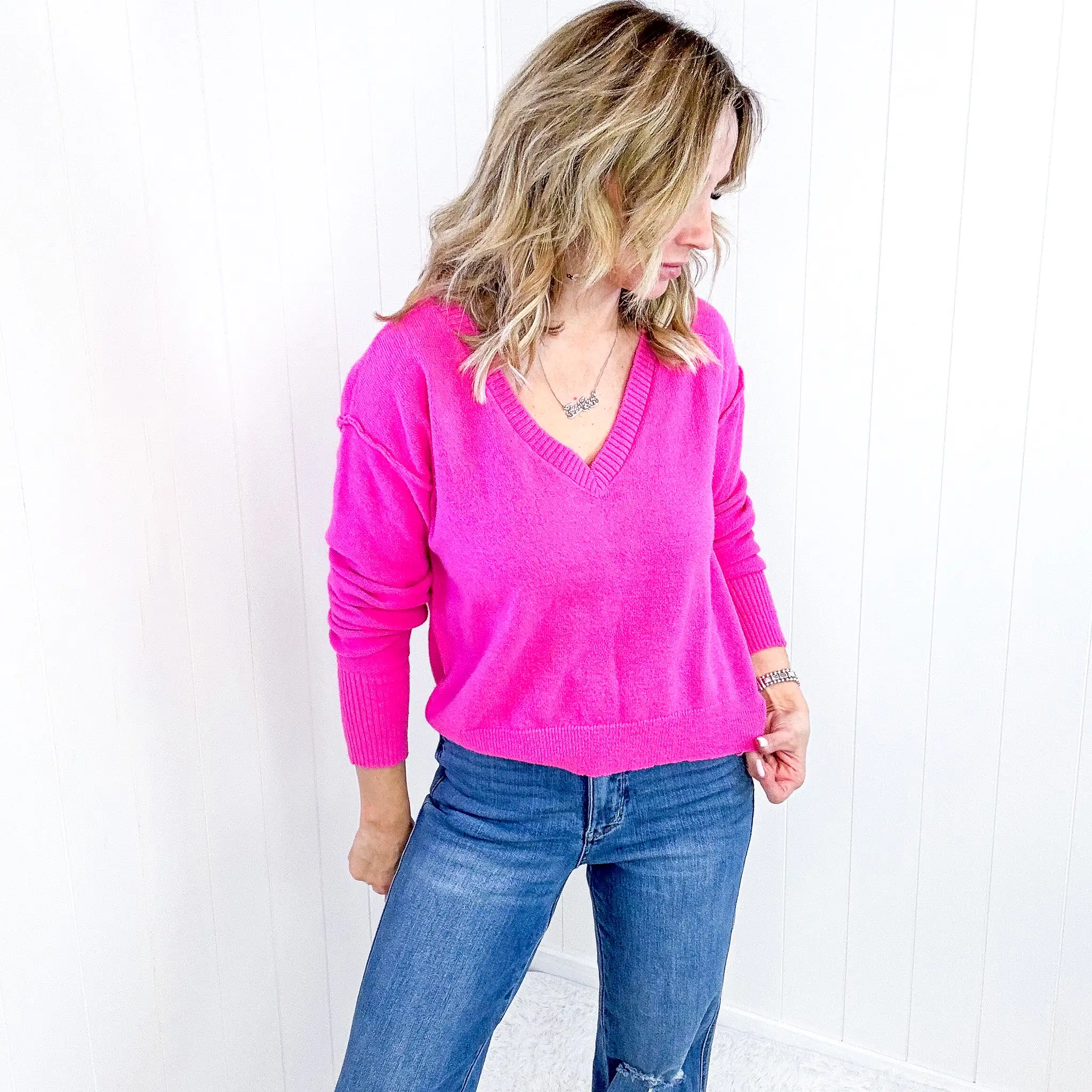 Hot Pink Back to Life V-Neck Sweater