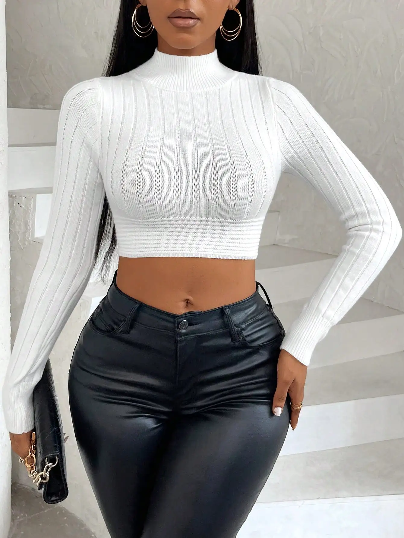 Mock Neck Crop Ribbed Knit Sweater Top