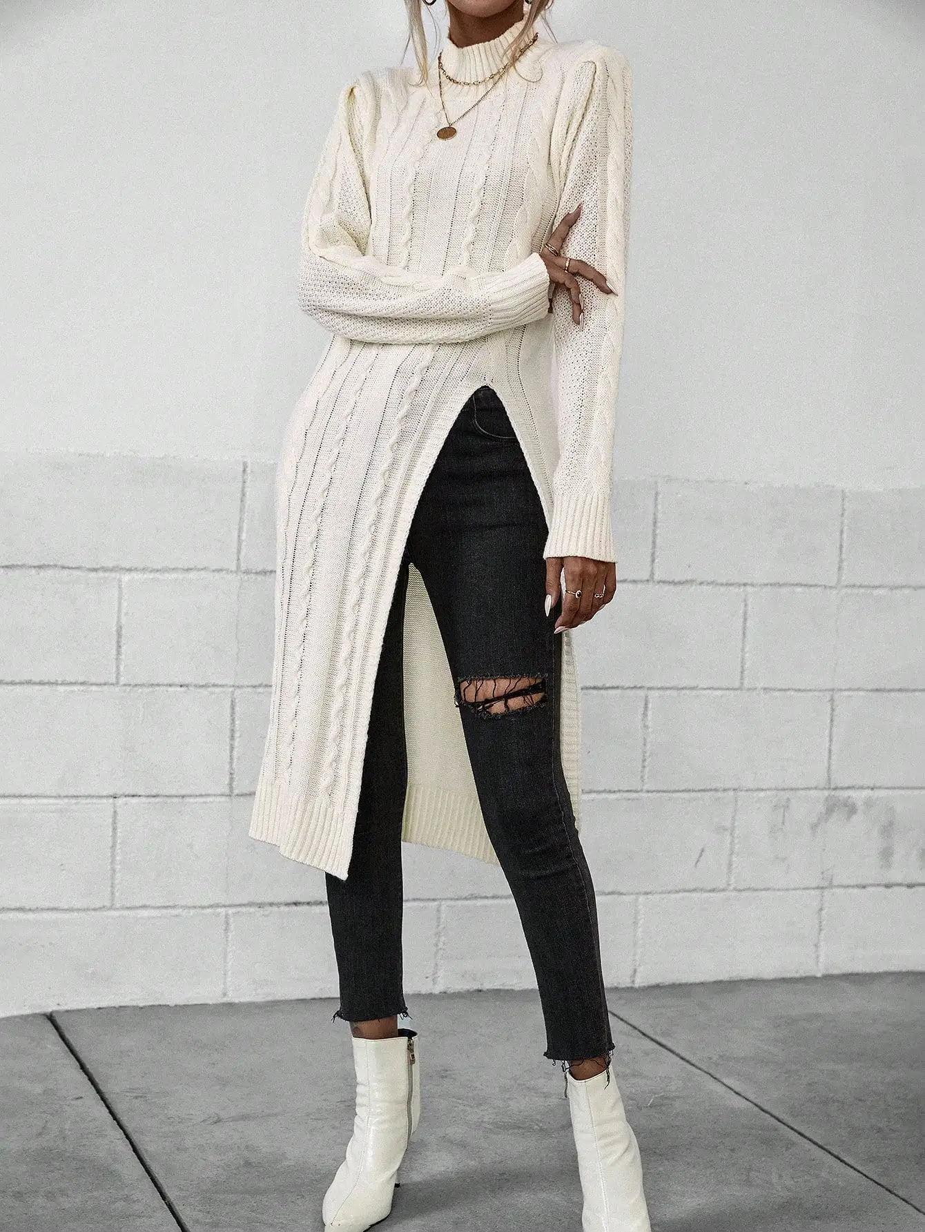 Mock Neck Split Thigh Cable Knit Sweater