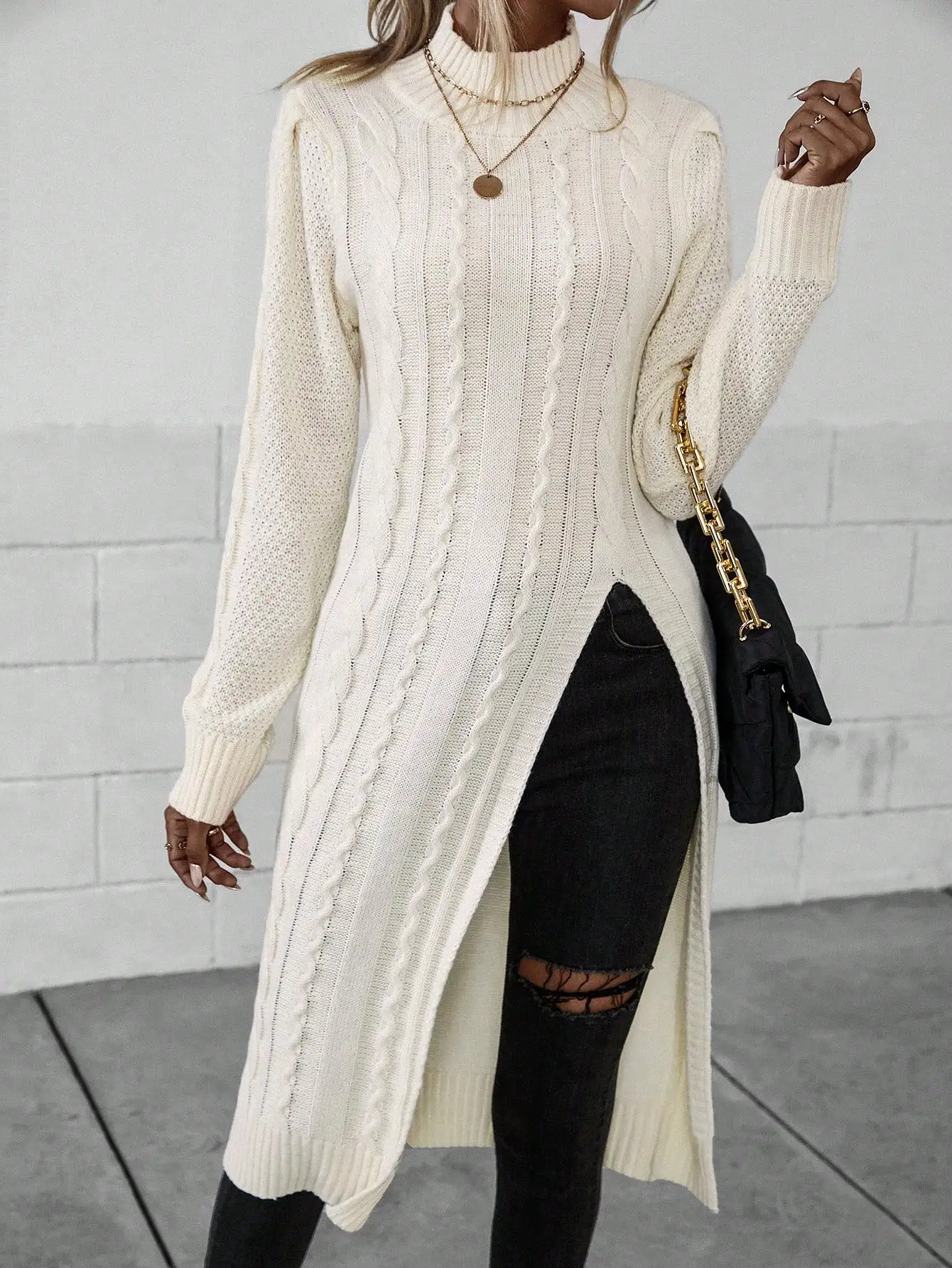 Mock Neck Split Thigh Cable Knit Sweater