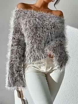 Off the Shoulder Fluffy Knit Sweater