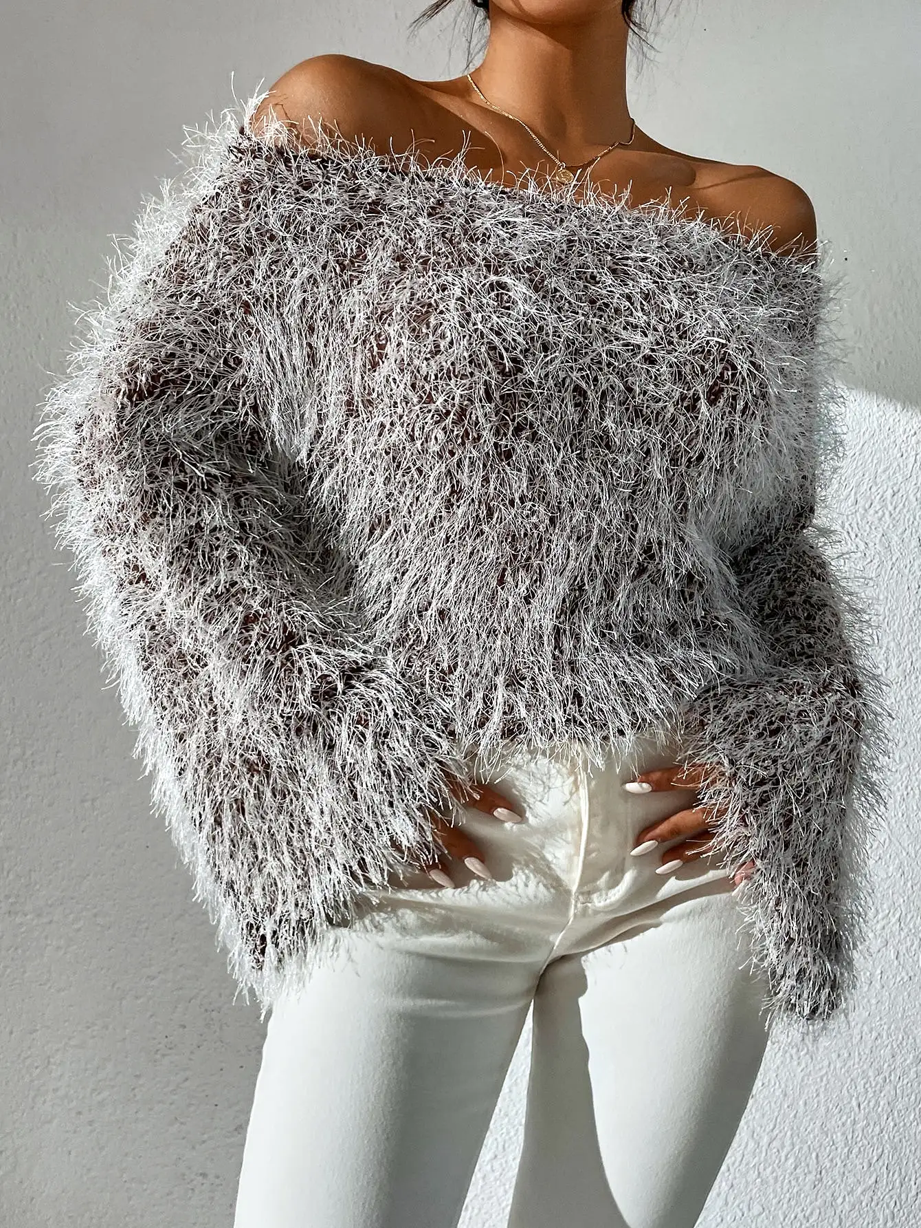 Off the Shoulder Fluffy Knit Sweater