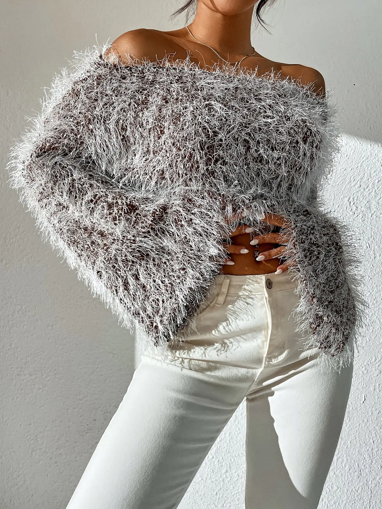 Off the Shoulder Fluffy Knit Sweater