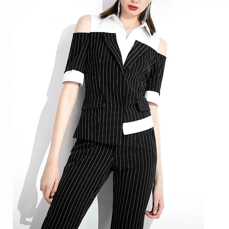 Pinstriped Black-White Pantsuits