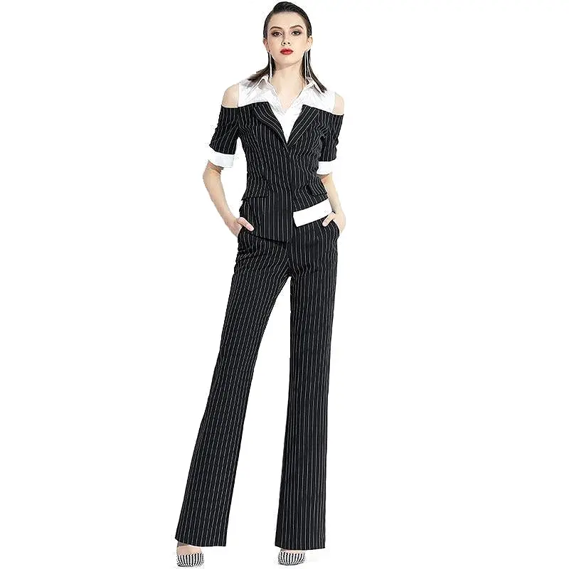 Pinstriped Black-White Pantsuits