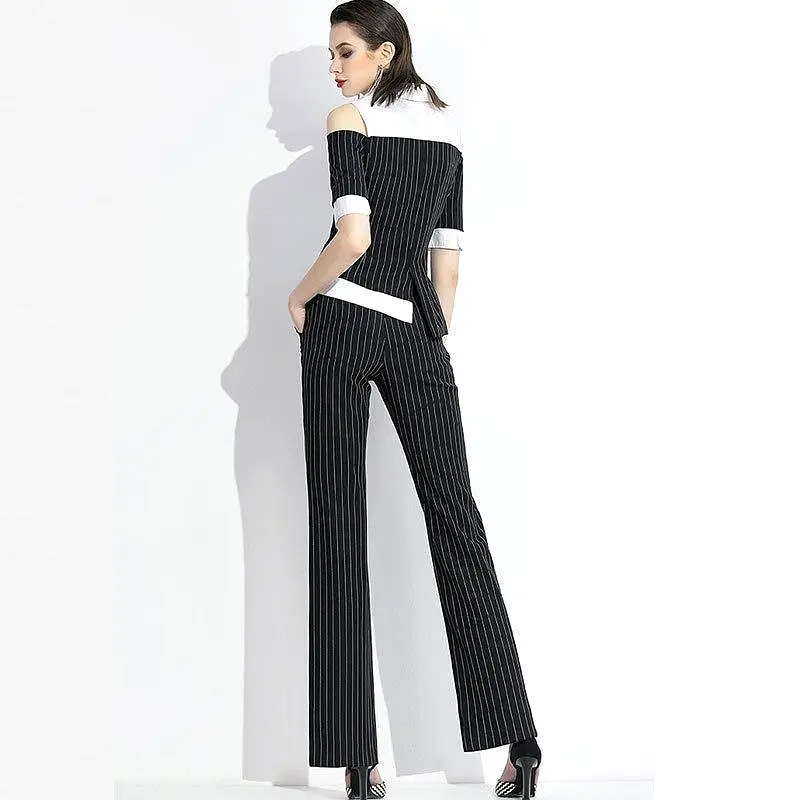 Pinstriped Black-White Pantsuits