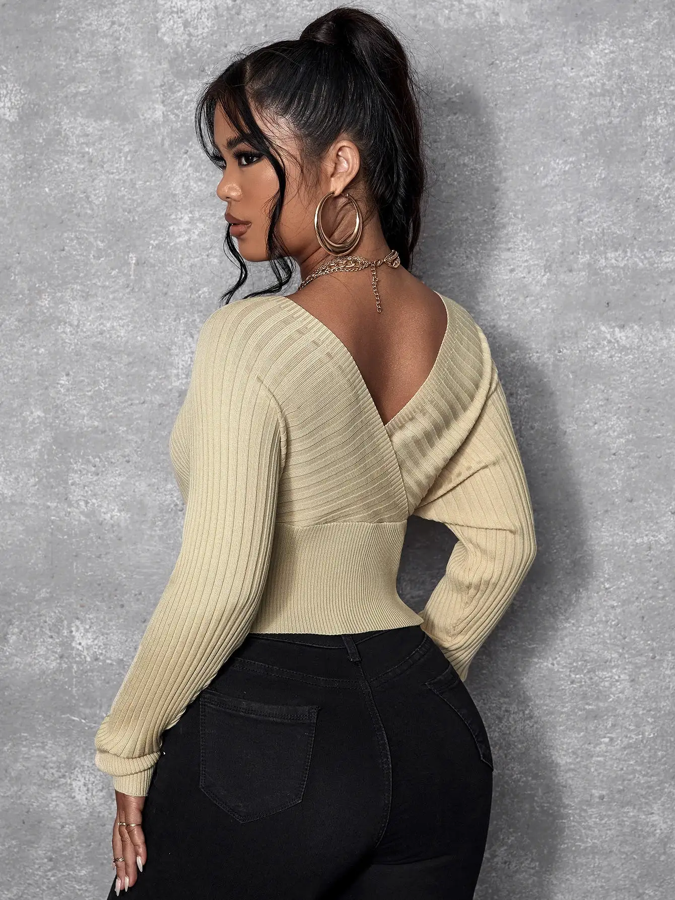 Plunging Neck Cross Wrap Ribbed Knit Sweater