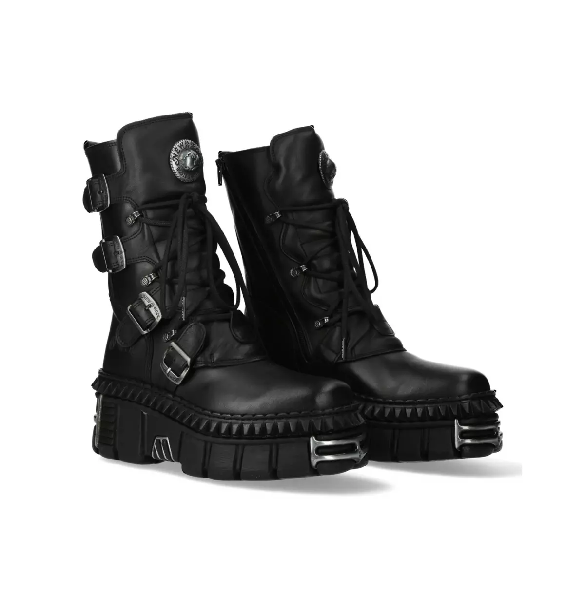 Punk Metallic Buckle Mid-Calf Boots - Gothic Style, Lace-Up Closure Boots