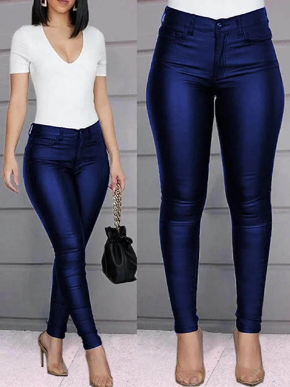 Skinny Leather Pants with High Waist and Side Pockets