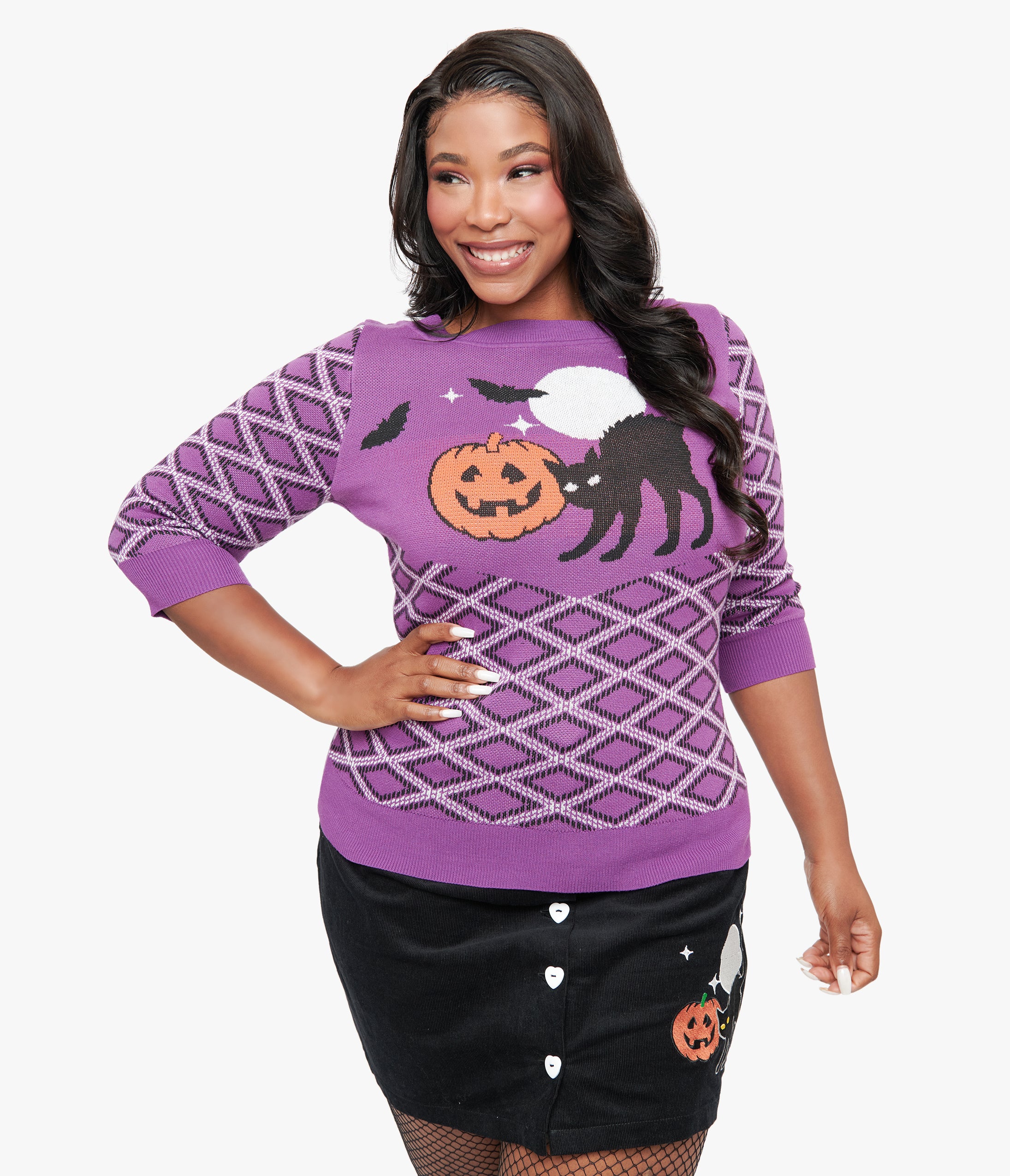 Smak Parlour Plus Size Purple Plaid & Black Cat Sweater