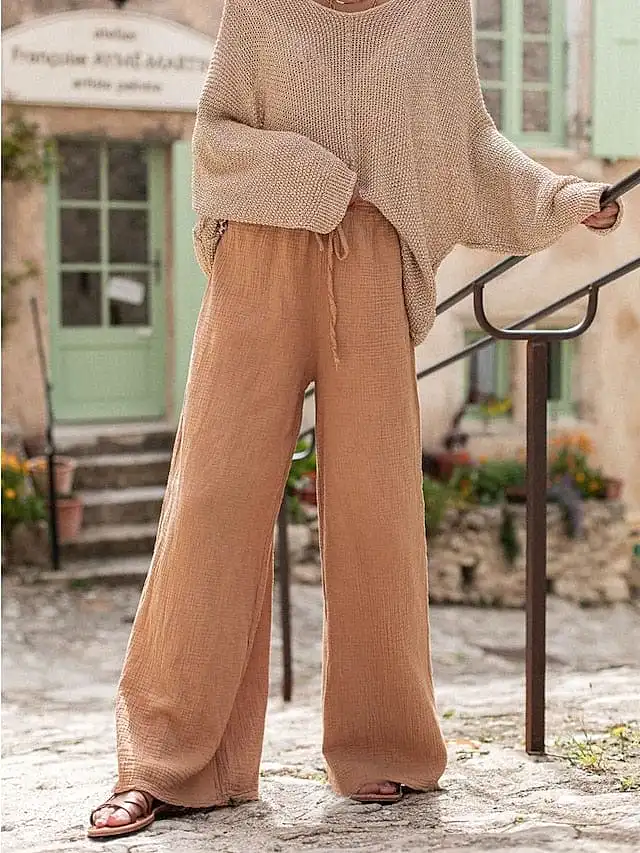 Stylish and Breathable Wide Leg Linen Cotton Pants with High Waist and Drawstring