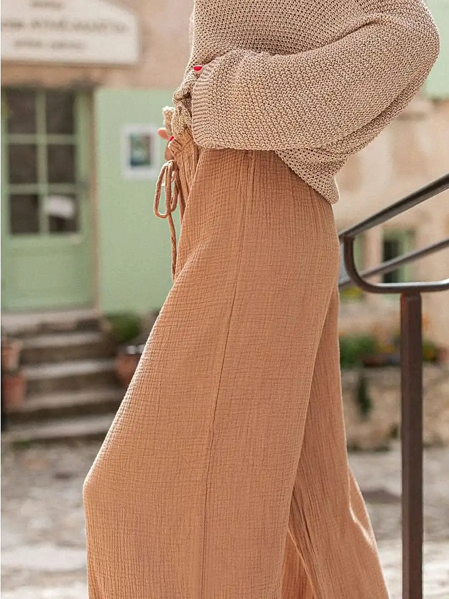 Stylish and Breathable Wide Leg Linen Cotton Pants with High Waist and Drawstring