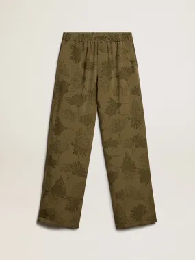 Women's olive-colored viscose-cotton blend pants with floral pattern